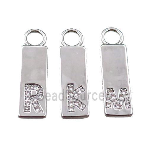 copper rectangle pendant pave zircon, letter, platinum plated, mix