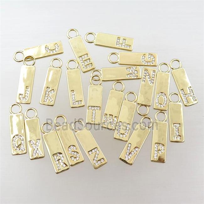 copper rectangle pendant pave zircon, letter, gold plated, mix