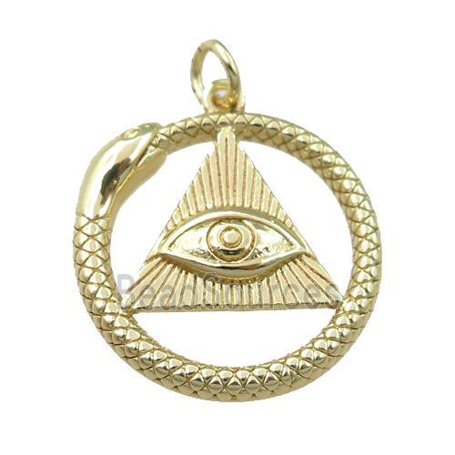 copper circle pendant with snake, triangle eye, gold plated