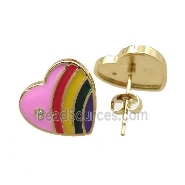 copper Stud Earring with enameled, heart, gold plated