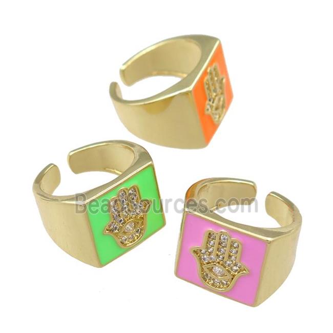 copper Rings with enameled, hamsahand, adjustable, gold plated, mixed