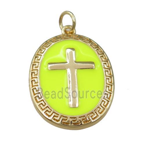 copper oval pendant with yellow enameled, cross, gold plated