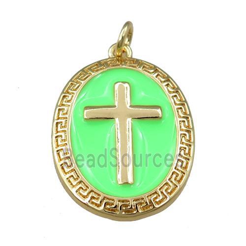 copper oval pendant with green enameled, cross, gold plated