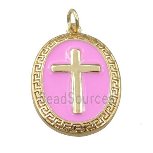 copper oval pendant with pink enameled, cross, gold plated