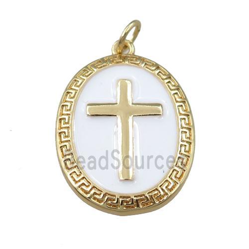 copper oval pendant with white enameled, cross, gold plated