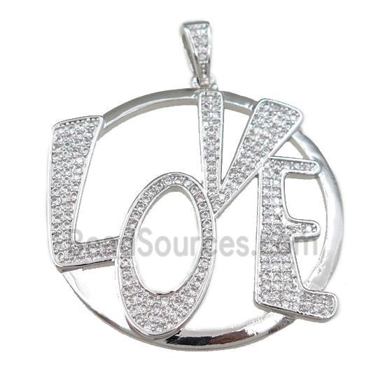 copper LOVE pendant pave zircon, platinum plated