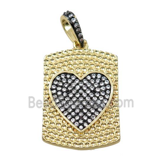 copper rectangle pendant pave zircon, heart, gold plated