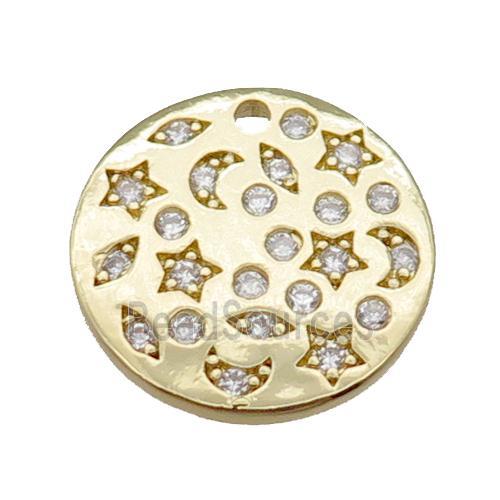 copper circle pendant pave zircon, celestial, gold plated