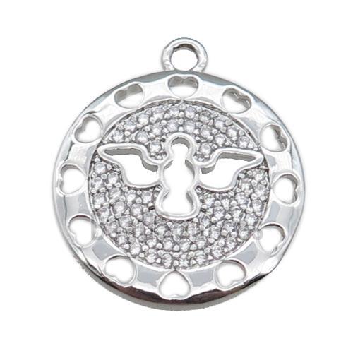 copper circle pendant pave zircon with angel, platinum plated