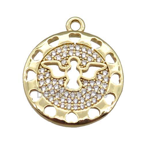 copper circle pendant pave zircon with angel, gold plated