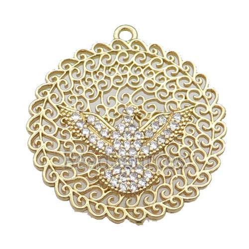 copper circle pendant pave zircon with hawk, gold plated