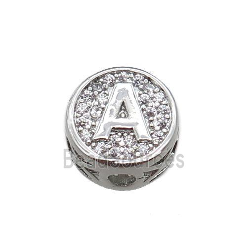 copper beads pave zircon, letter, platinum plated