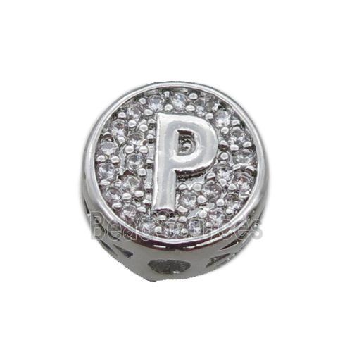 copper beads pave zircon, letter, platinum plated