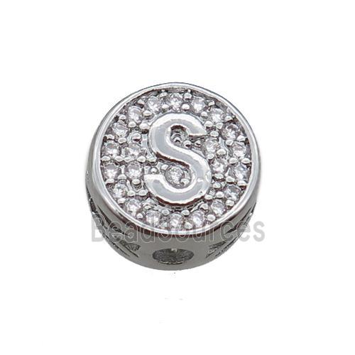 copper beads pave zircon, letter, platinum plated