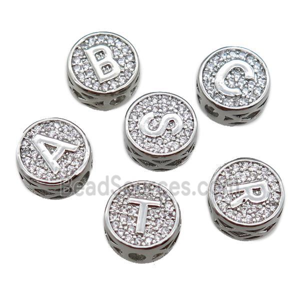 copper alphabet beads pave zircon, mix letter, platinum plated