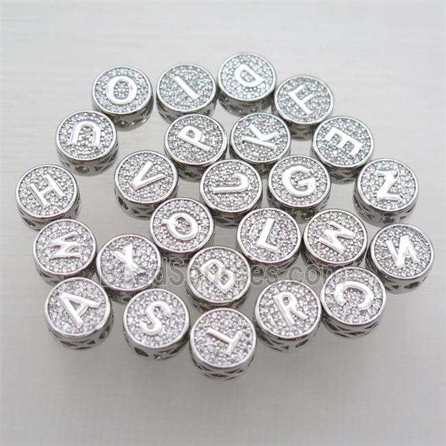 copper alphabet beads pave zircon, mix letter, platinum plated