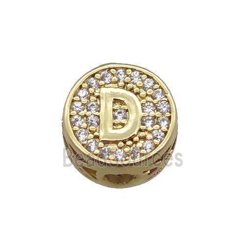 copper beads pave zircon, letter, gold plated