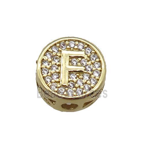 copper beads pave zircon, letter, gold plated