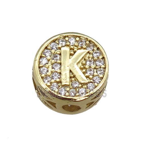 copper beads pave zircon, letter, gold plated