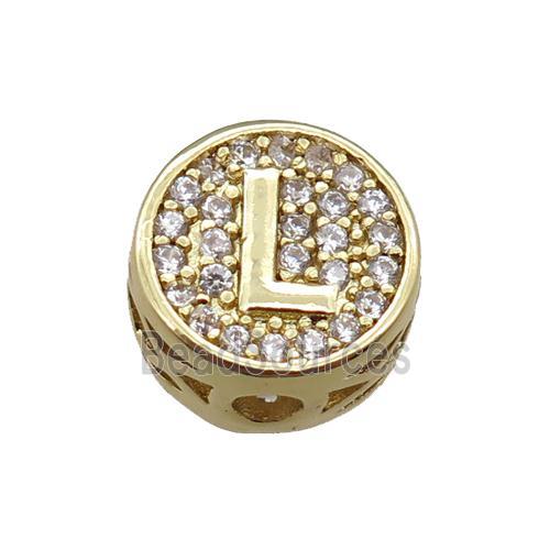 copper beads pave zircon, letter, gold plated