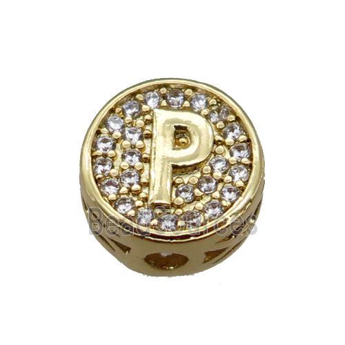 copper beads pave zircon, letter, gold plated