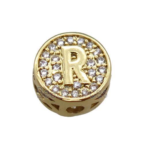 copper beads pave zircon, letter, gold plated