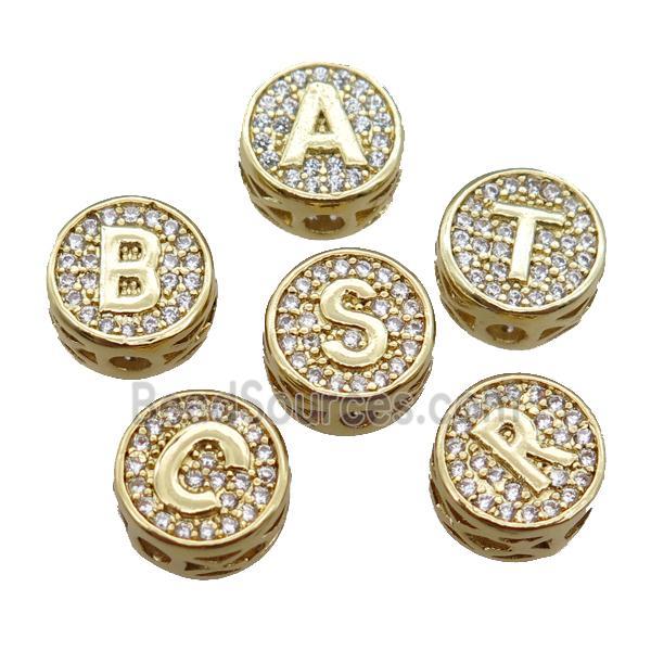 copper alphabet beads pave zircon, mixed letter, gold plated