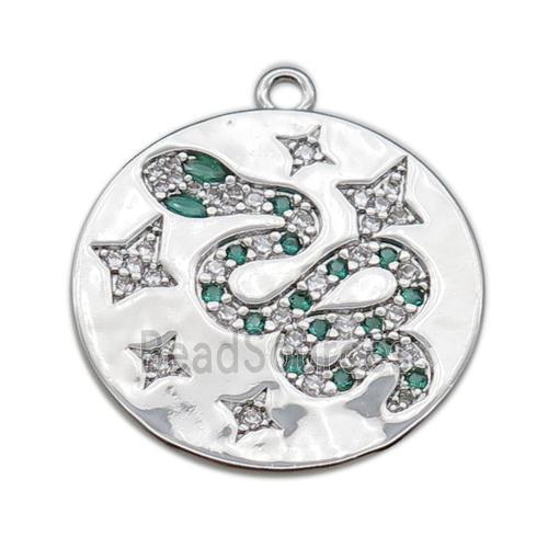 copper circle pendant pave zircon with snake, platinum plated