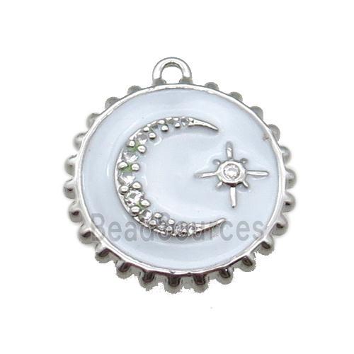 copper circle pendant with moon, enameled, platinum plated