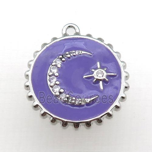 copper circle pendant with moon, purple enameled, platinum plated