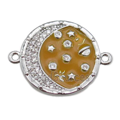 copper circle connector with moon, enameled, platinum plated