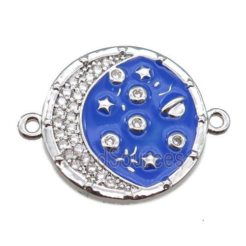 copper circle connector with moon, enameled, platinum plated