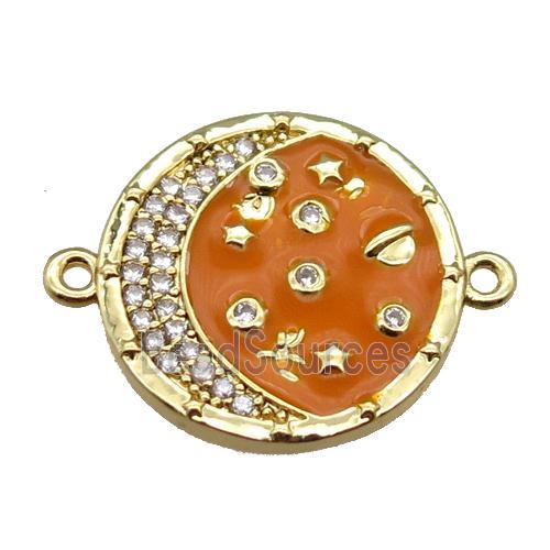 copper circle connector with moon, enameled, gold plated