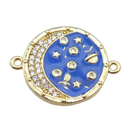 copper circle connector with moon, enameled, gold plated