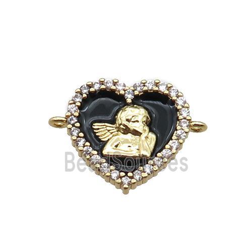 copper heart connector with angel, enameled, gold plated