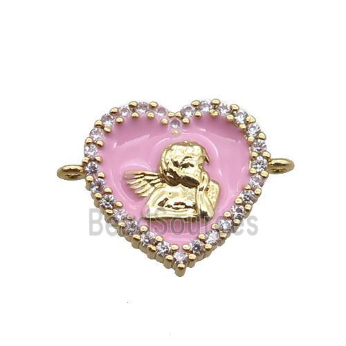 copper heart connector with angel, pink enameled, gold plated