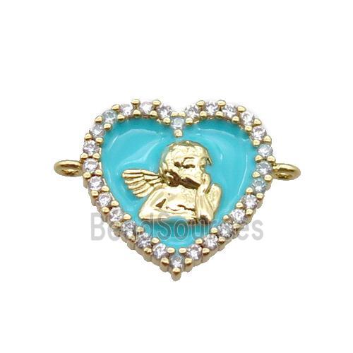 copper heart connector with angel, enameled, gold plated