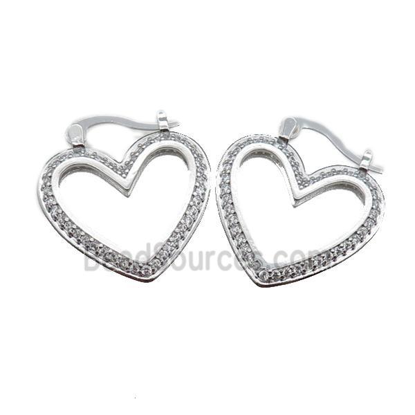 copper heart Latchback Earrings pave zircon, platinum plated