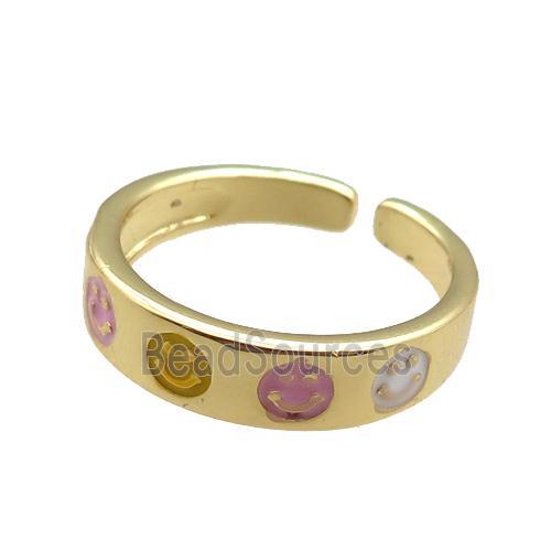 Copper Rings with enameling smileface, gold plated