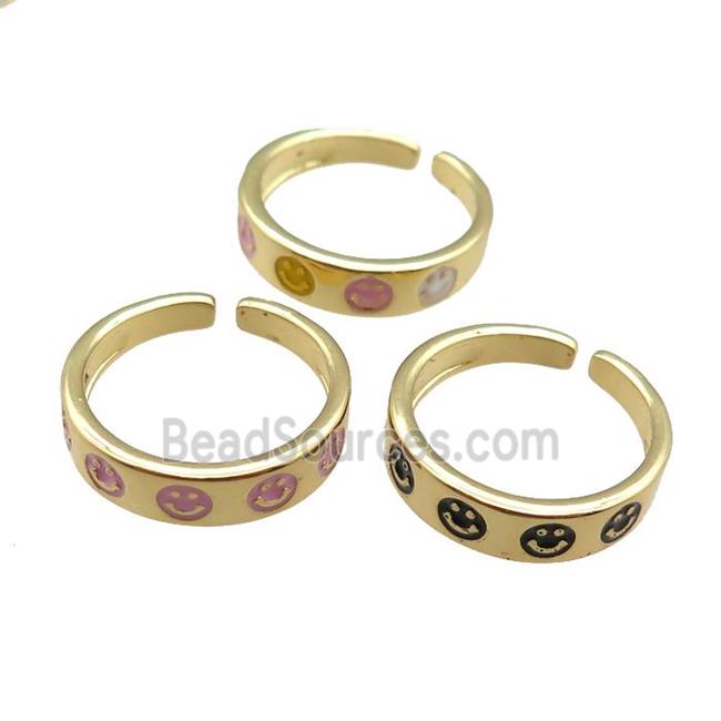 Copper Rings with enameling smileface, mixed, adjustable, gold plated