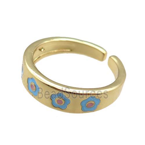 Copper Rings with blue enameling flower, gold plated