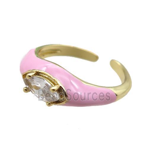 pink Enameling Copper Ring pave zircon, adjustable, gold plated