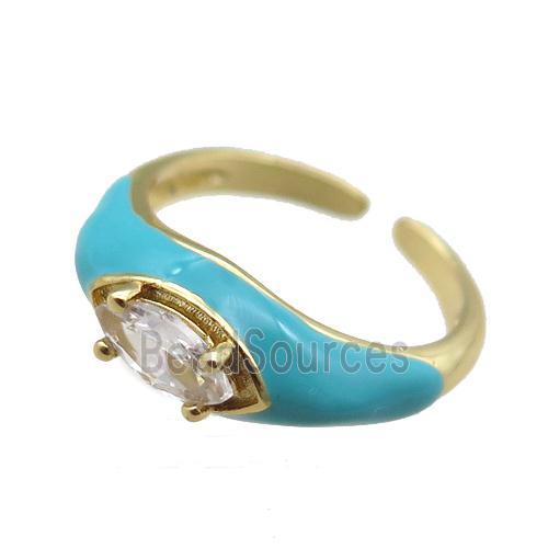 teal Enameling Copper Ring pave zircon, adjustable, gold plated