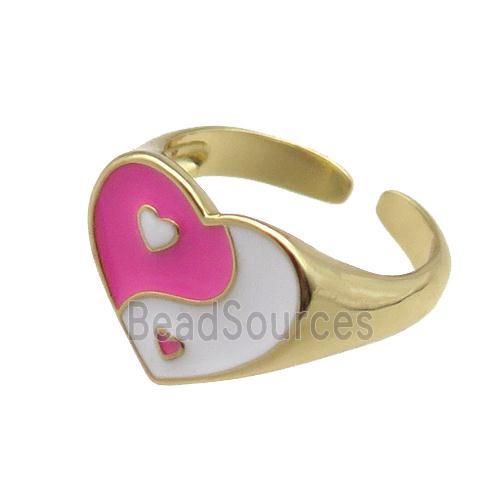 Copper Rings with enameled heart, adjustable, gold plated