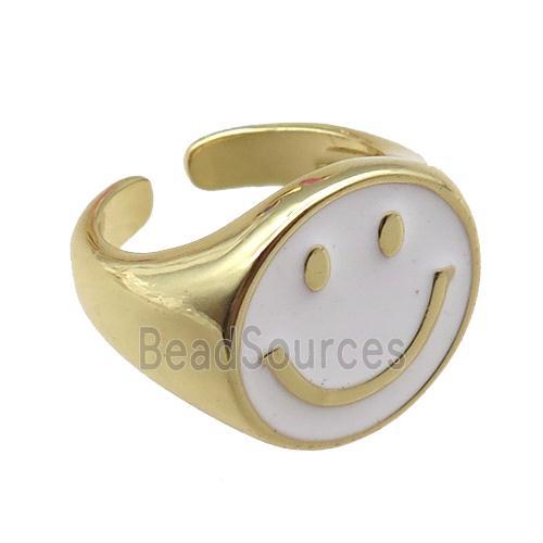 copper rings with white enameled smileface emoji, adjustable, gold plated