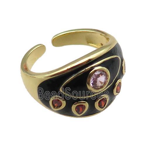 copper rings with black enameled, adjustable, gold plated