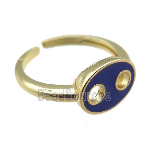 copper rings with blue enameled, adjustable, gold plated