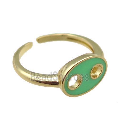 copper rings with green enameled, adjustable, gold plated