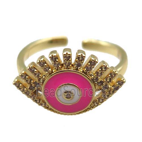 copper rings with hotpink enameled evil eye, adjustable, gold plated