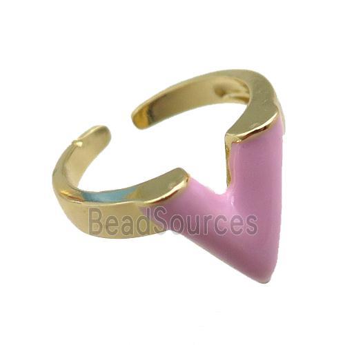 copper rings with pink enameled, adjustable, gold plated